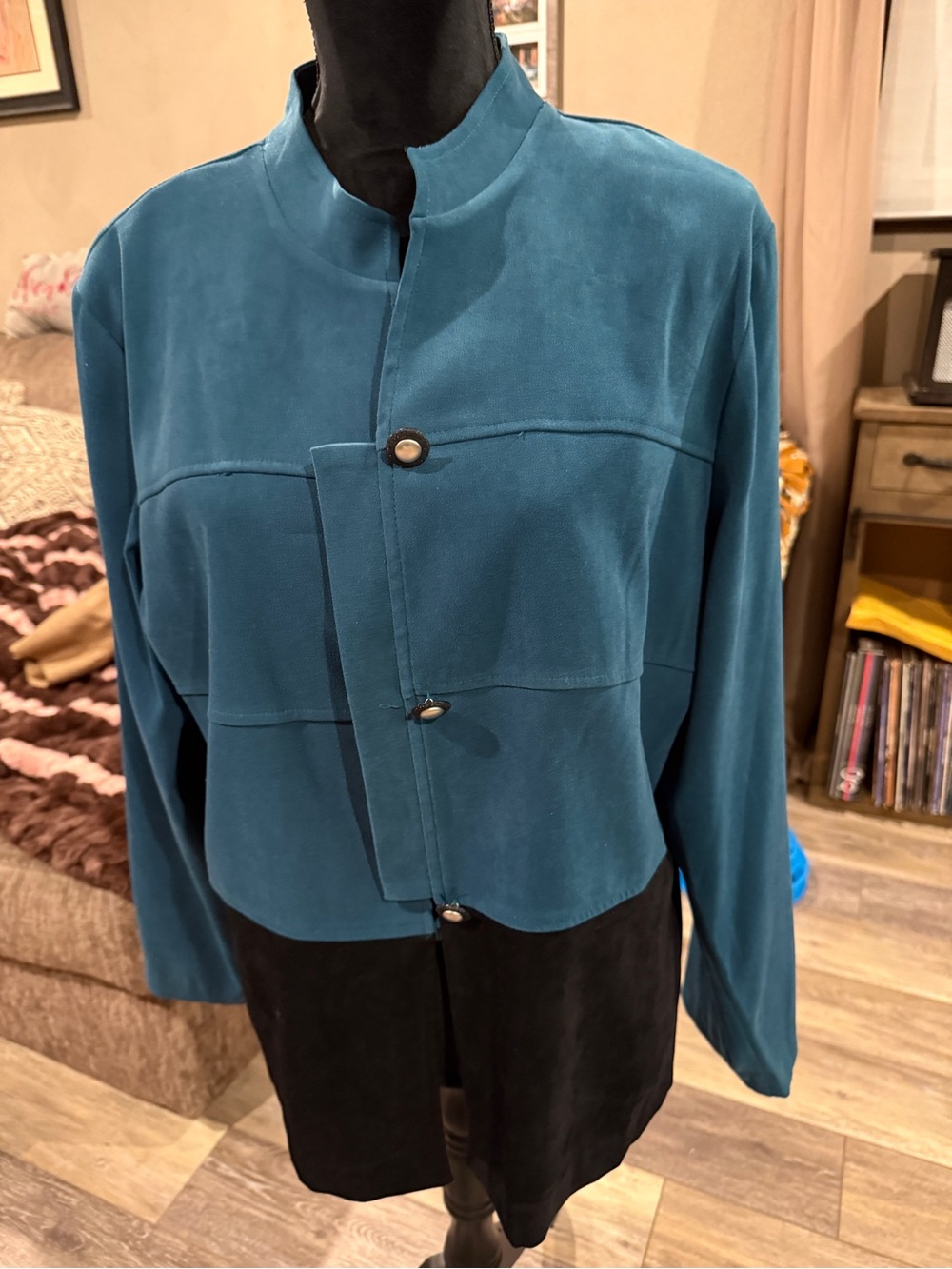 R&K Teal Cropped Women's Jacket with Asymmetric Button Placket